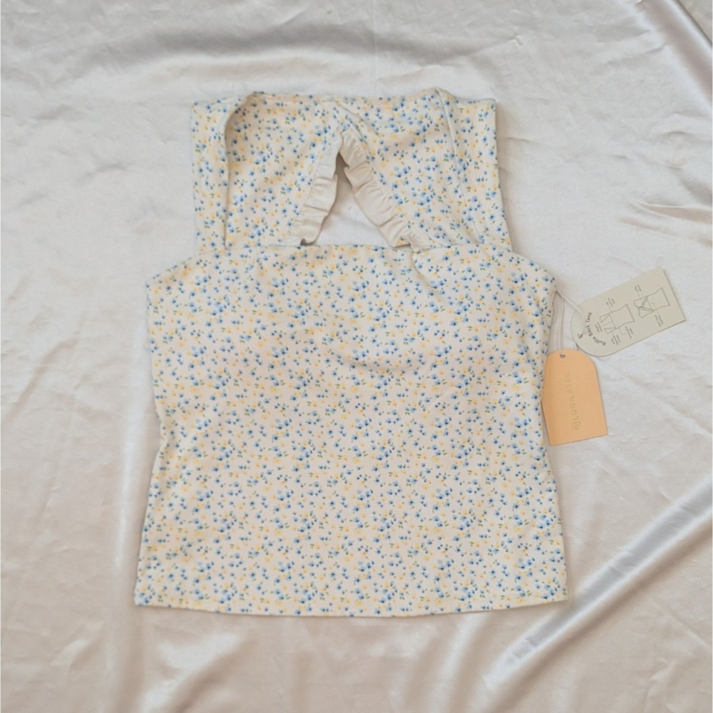 New Blogilates Women's Ruffle Back Tank Top Blue Citrus Print Activewear XL